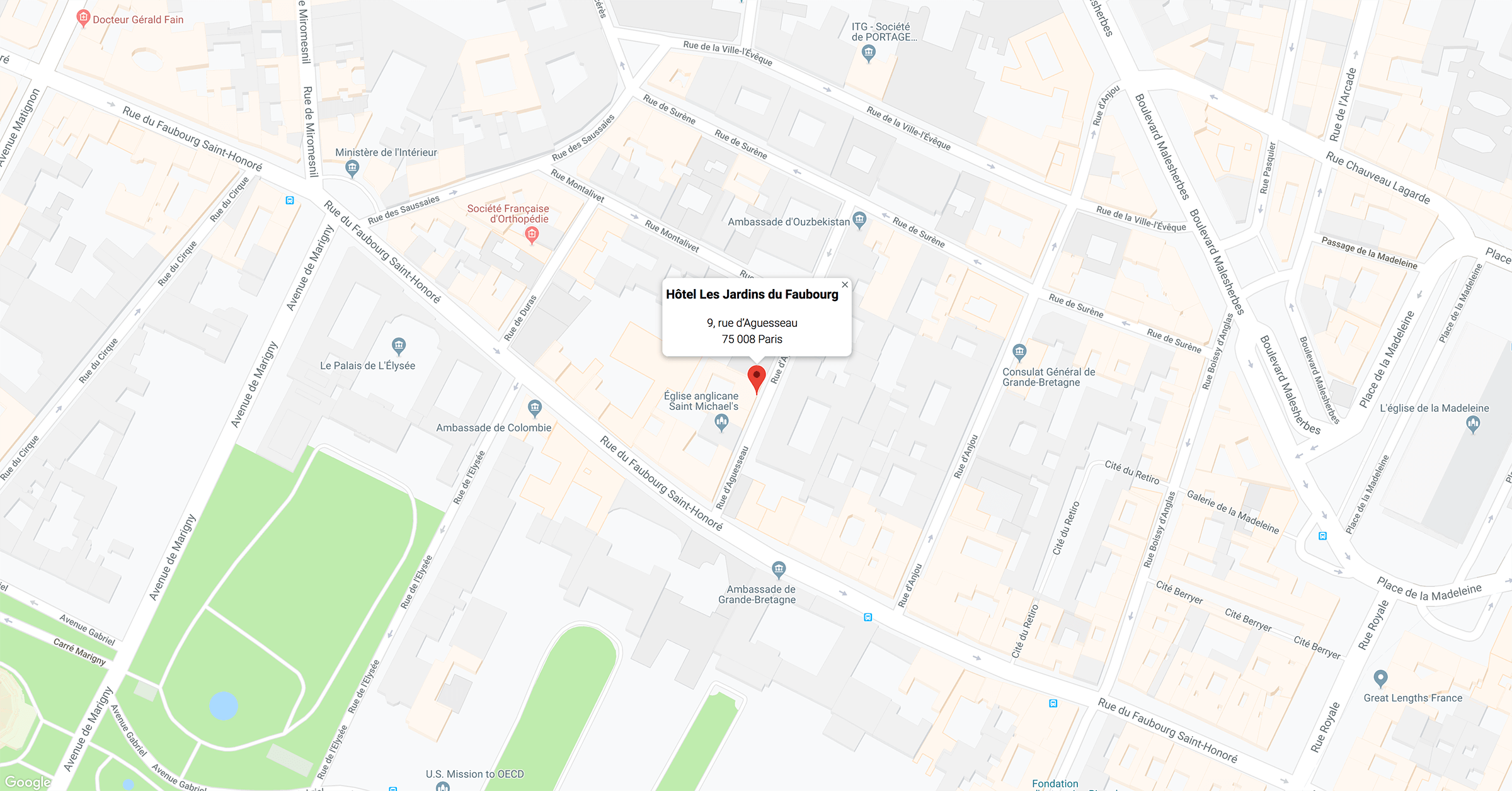 Localisation sur une carte du Boutique Hôtel Les Jardins du Faubourg à Paris, rue Faubourg Saint-Honoré